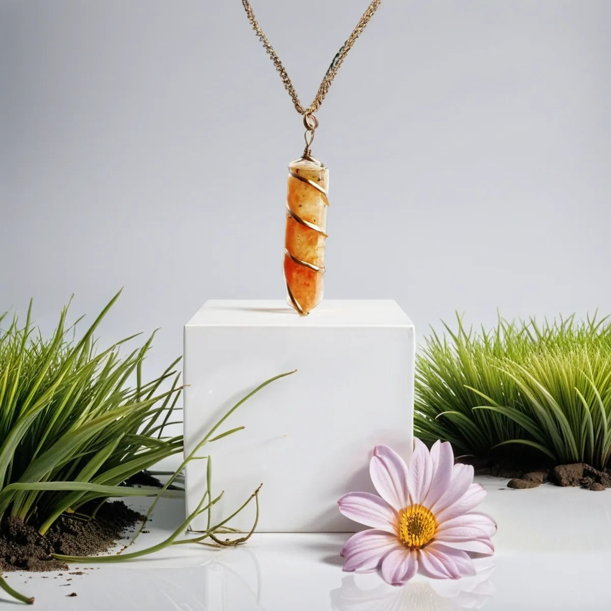 Orange Natural Sunstone Crystal Pencil Pendant For Unisex
