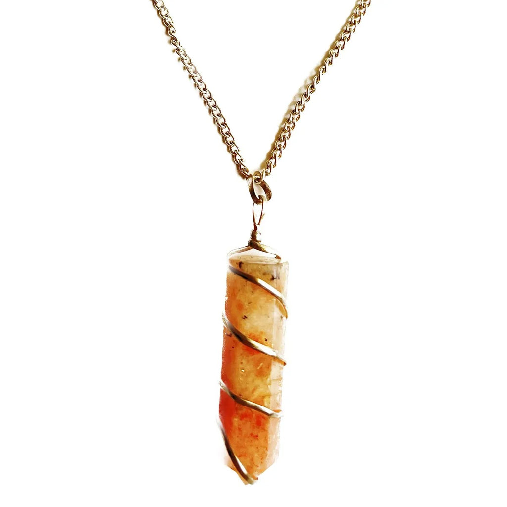Orange Natural Sunstone Crystal Pencil Pendant For Unisex